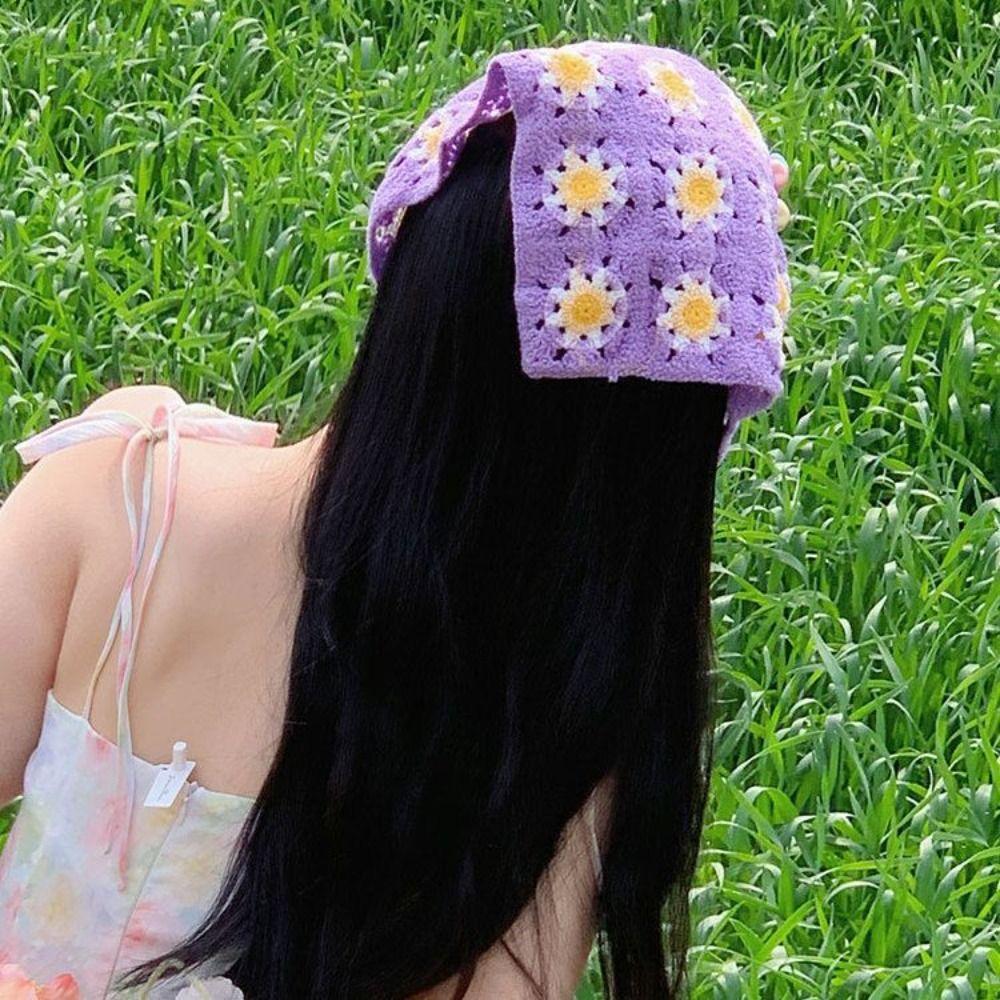 Retro Knitted Headband Floral Women Hair Scarf Elegant Triangle Turban Beach Headwear