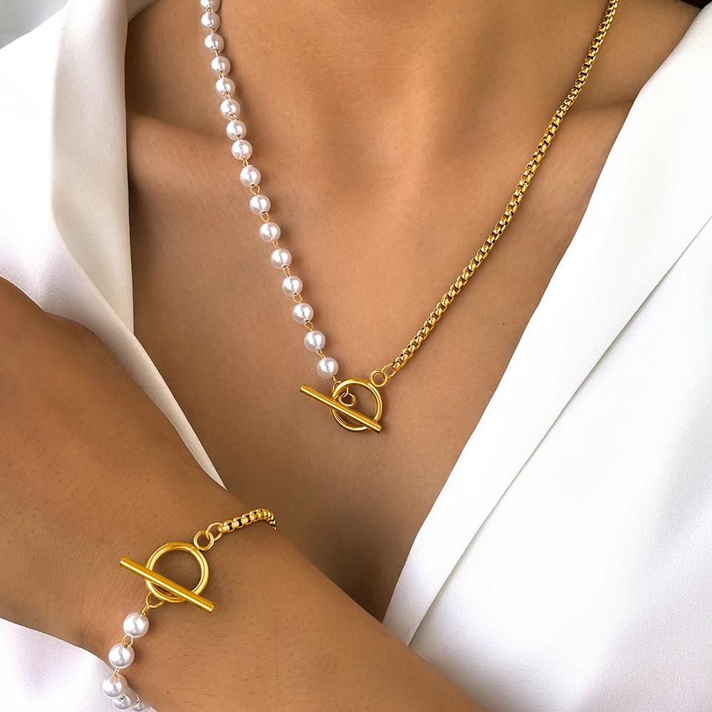 2Pcs Stainless Steel Jewelry Set Fashion Elegant Design Splicing Pearl Chain Light Luxury Pendant Jewelry Set For Women Jewelry