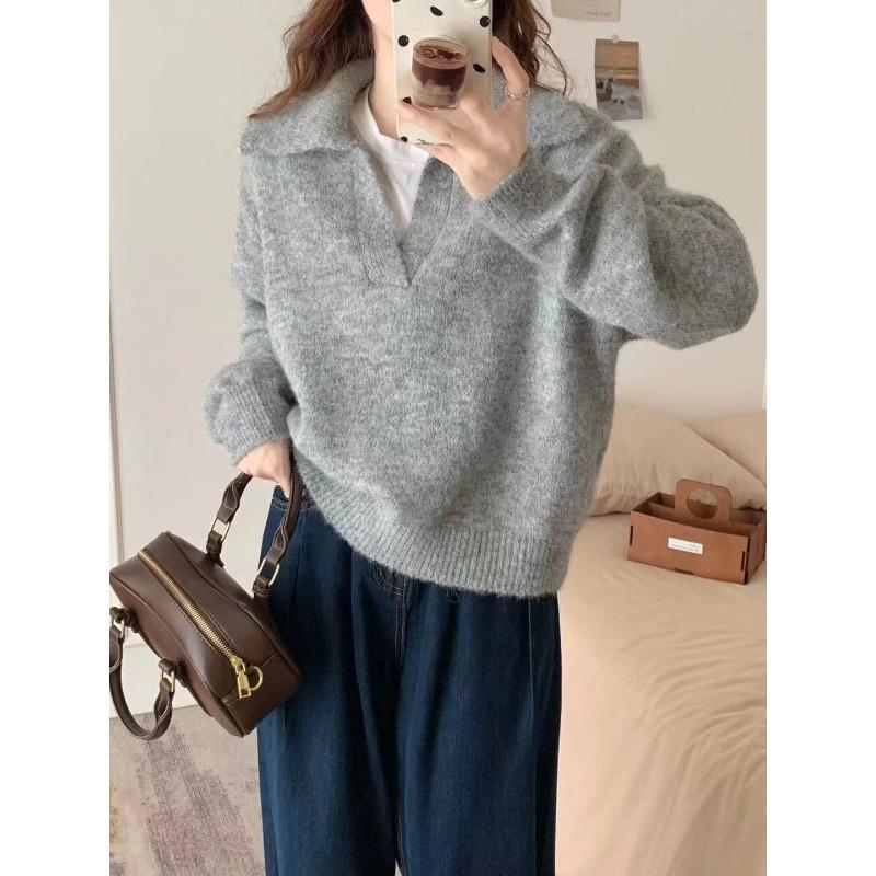 

Scissor collar design sense soft waxy solid color knitted pullover sweater women s autumn and winter new product thin niche top F/average size [80-62.5 kg] серый