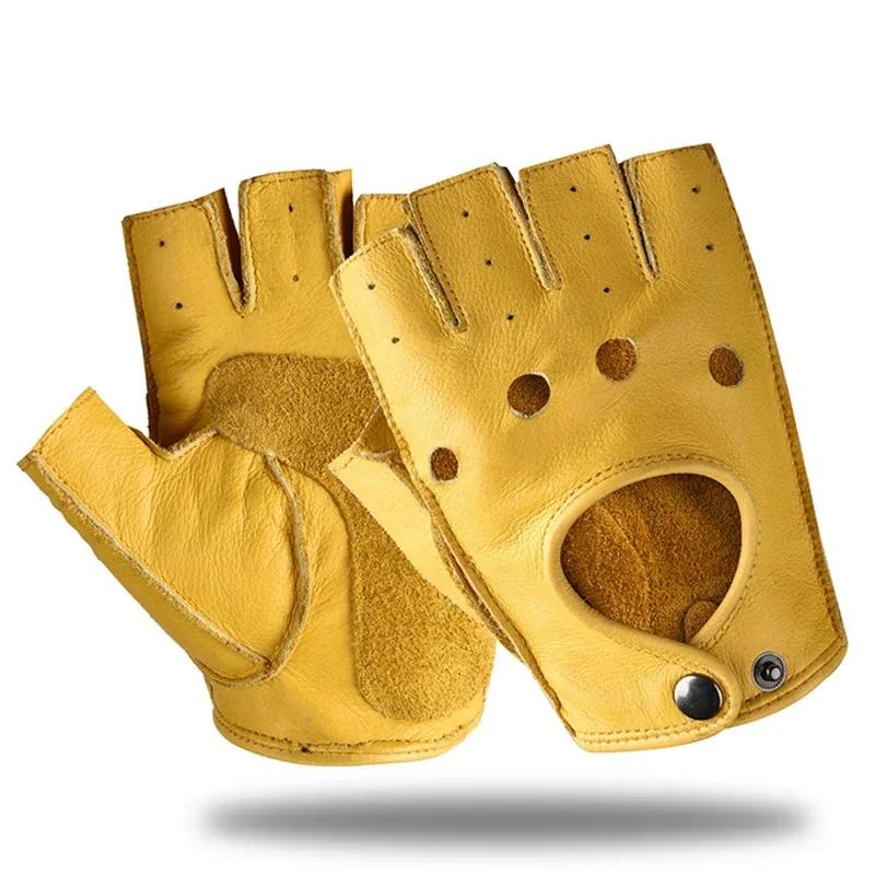 Small New Men's Genuine Leather Gloves Fingerless Half Finger for Driving Fitness Motorcycle Cycling Goat Skin Mittens