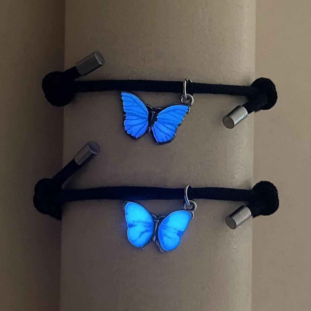 2 PCS/Set Butterfly Couples Pendant Luminous Bracelet For Women Lover Black Rope Charm Friendship Girlfriend Party Jewelry Gift