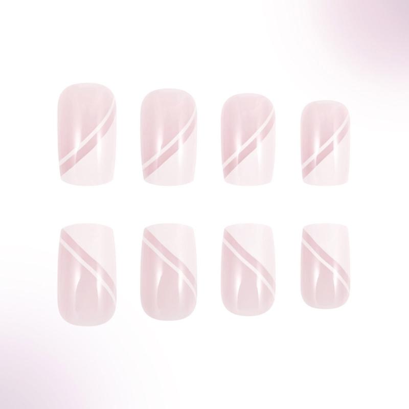 24 Pcs Simple Lines Stick On Nail Pink White Press On Nail Glossy Full Cover False Nail Artificial Nail for Woman