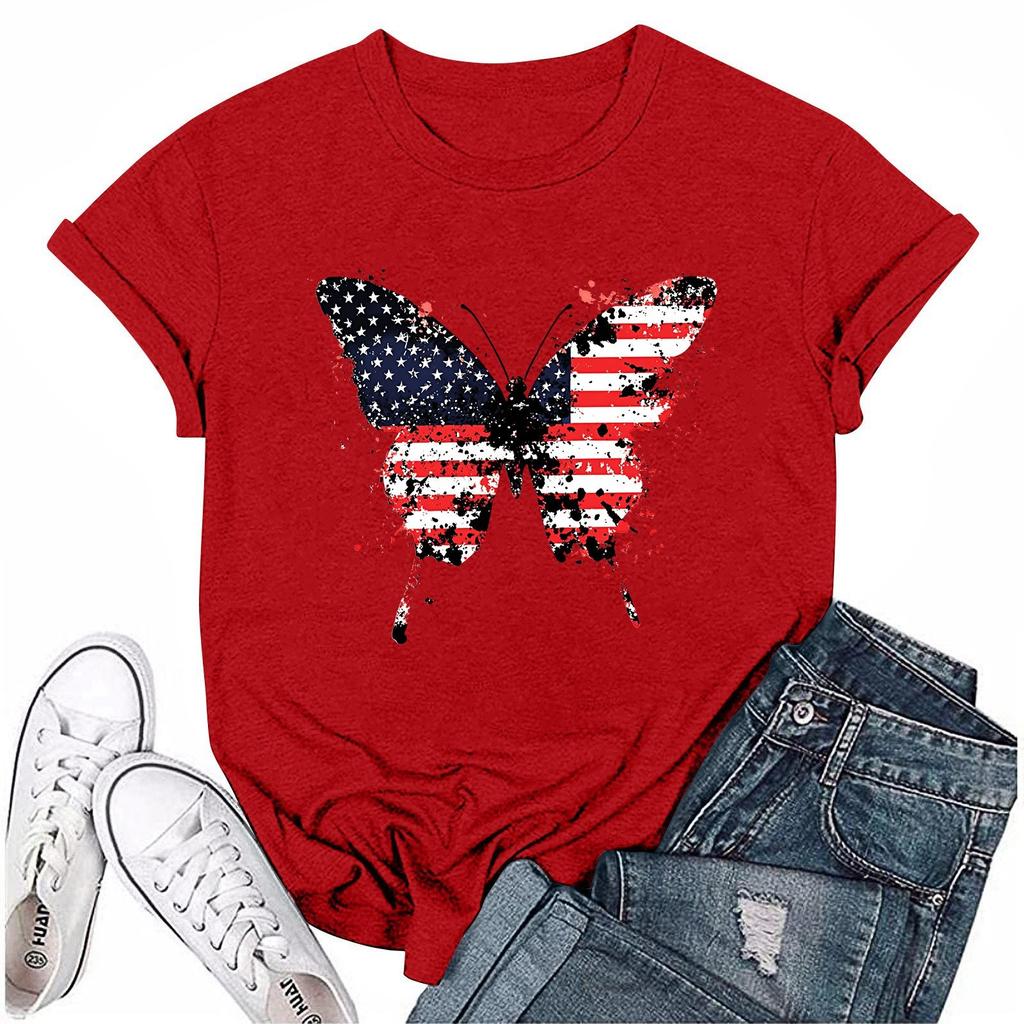 Adults Casual Daily Round Neck Independence Day Printed Short Sleeved T-shirt Letter Top