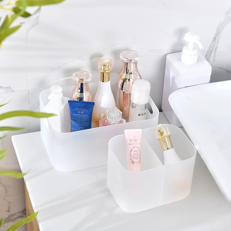 Frosted Plastic Lidded Makeup Organizer - Divided Desktop Storage Box for Masks, Cosmetics & Vanity Countertop Organization