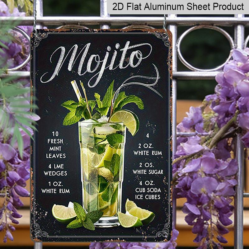 2D Flaches Retro Mojito Aluminium Wandkunst Schild - 8x12 Zoll Vintage Bar Dekoration mit Frischer Minze, Weißem Rum & Limettensaft - Perfekt für Zuhause, Büro oder