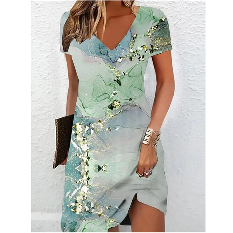 Women Short Sleeve V-Neck A-Line Dress Marble Pattern 3D Print Dress 2025 New Oversizd Casual Elegant Female Mini Dress Vestidos