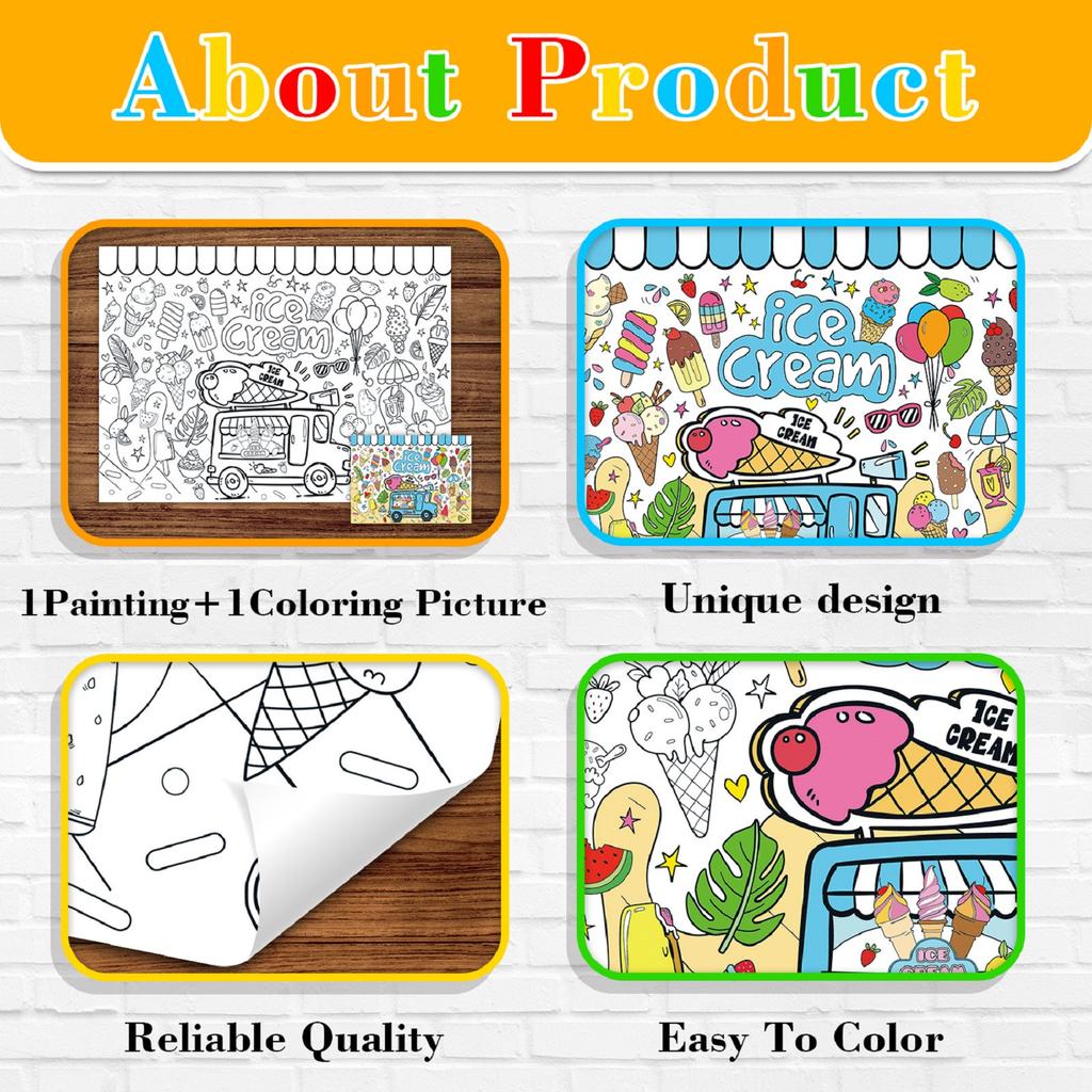Paper Table Cloth For Coloring, Creative Children's Activities,Summer Party Children's Ice Cream Painting Coloring Poster, Excluding Paintbrushes,