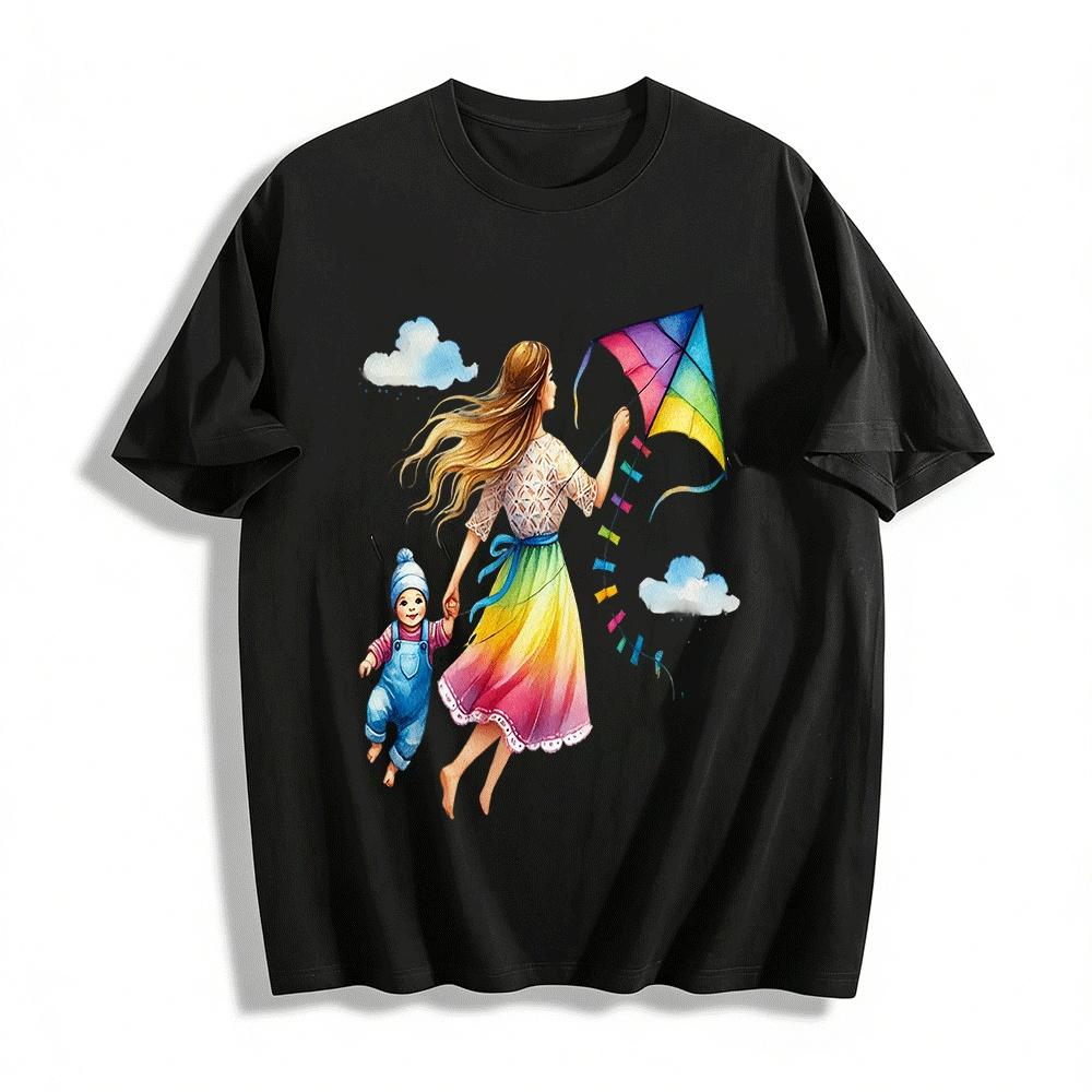 Watercolor Print Mom And Kid Flying Kite Casual Top Pure cotton T-shirt XXS