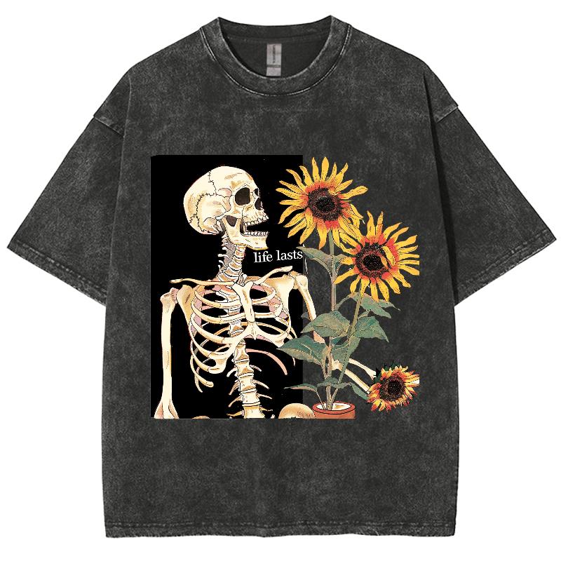Skull Sunflower Print Printing T-Shirts Women 100% Cotton T-Shirt Breathable Clothing Casual Oversized Tee Shirt