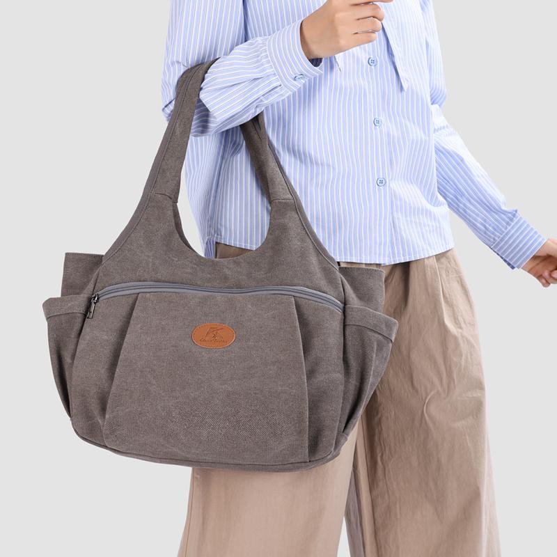Vintage Women's Bag Large Capacity Canvas Tote Bag Solid Color Portable Shoulder Bag
