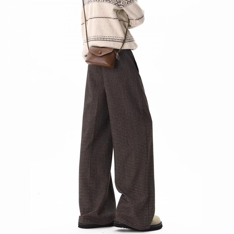 Womens High-Waisted Straight Leg Trousers With Houndstooth Stripe Lightweight Pleated Wide-Leg Pants Office Casual