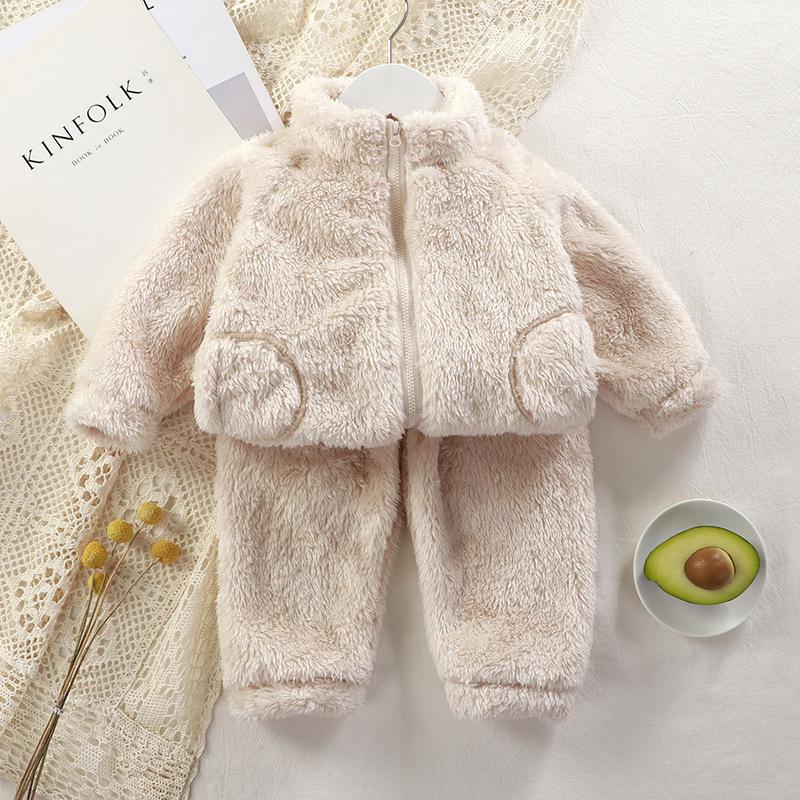 Children's Set Autumn/Winter Boys' and Girls' Plush Warm Clothes Baby Solid Color Fashionable Homewear Zipper Two-Piece Set