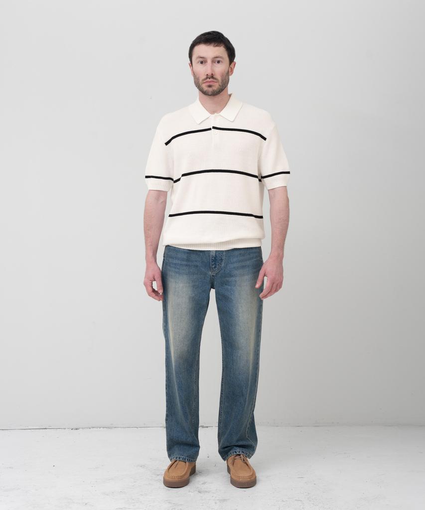 MANNERGRAM Textured Striped 100% Cotton Polo Short Sleeve Knit Cream