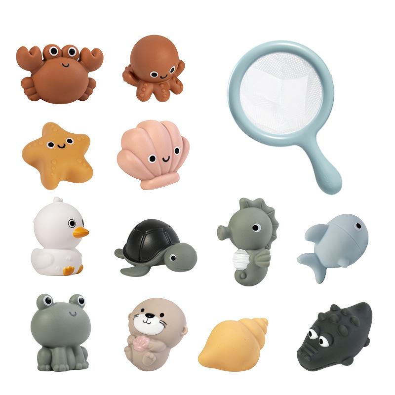 Kids Bath Toys Set with Turtle Sprayer, Fish Net, Shark & Squeeze Animal Floaters, Baby Water Play Toys