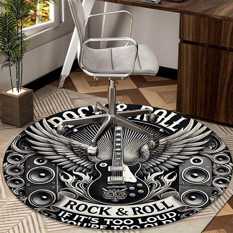 "Rock Music Winged Guitar Round Rug, Black White Non-Slip Mat for Music Room Office Decor, Vintage Statement Carpet"