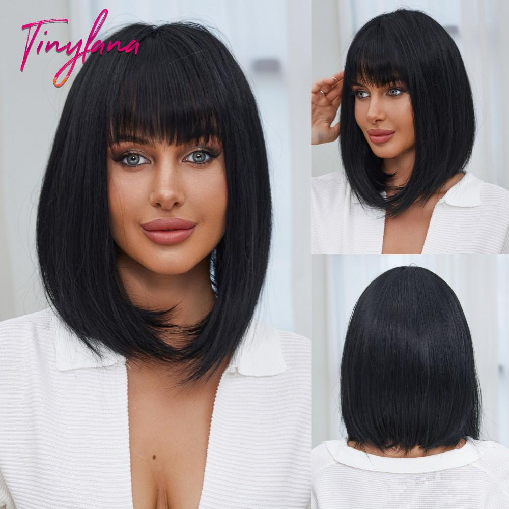Bob Black Synthetic Wig with Bangs for Women Afro Short Dark Straight Wigs Cosplay Halloween Natural Hair Lolita Heat Resistant