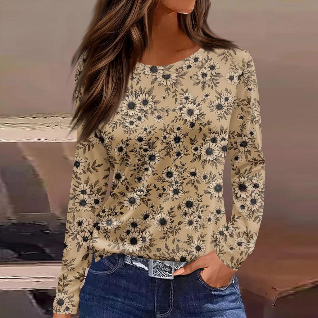 Women's Fashion Casual Slit Hem Round Neck Long Sleeve Loose Printed T-Shirt Ladies Top