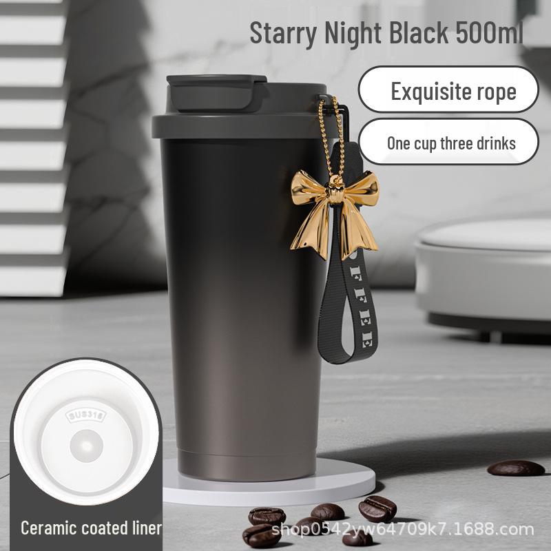 High-Design Insulated Coffee Cup with Ceramic Liner and Straw, 316 Stainless Steel, Simple Gift Box
