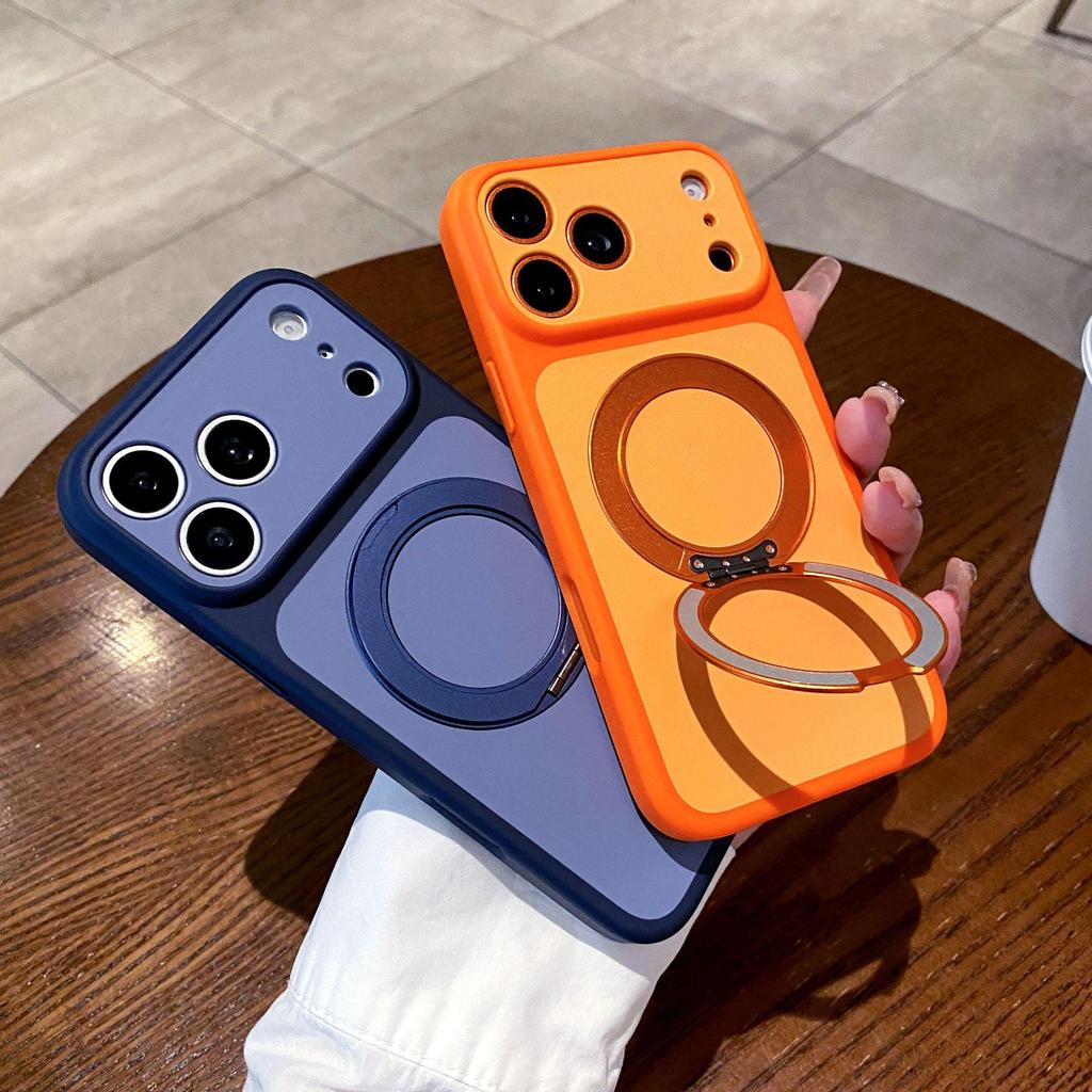 Compatible with Apple 17Promax: Color-blocking Skin-Feel Phone Case with Rotating Magnetic Bracket, Fits 16PM, 15Promax Protective Cover.