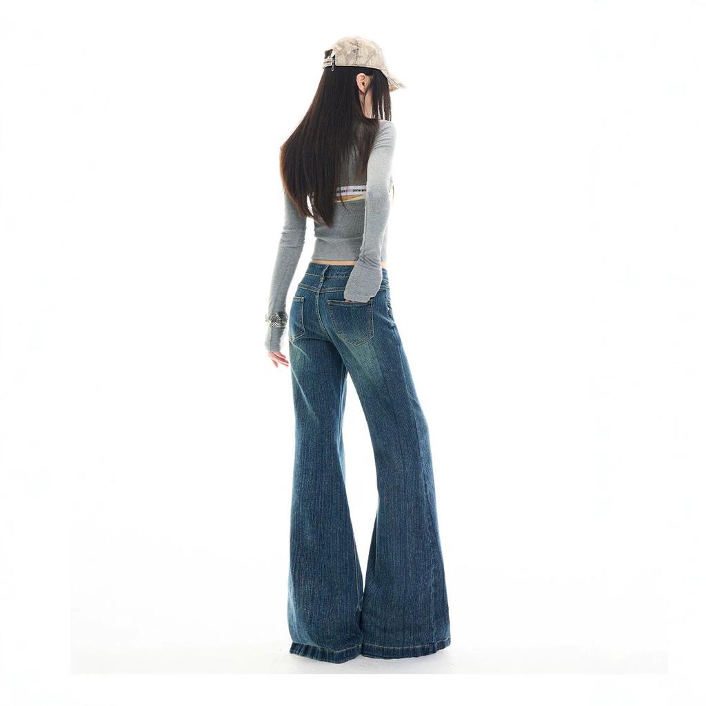 Autumn and winter new retro low-rise micro-flared jeans straight-leg loose pants women