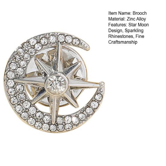 Moon Star Design Brooch Pin for Women, Rhinestones Inlaid Brooch Pin for Dress, Coat, Shawl, Zinc Alloy Badge for Mother, Wedding