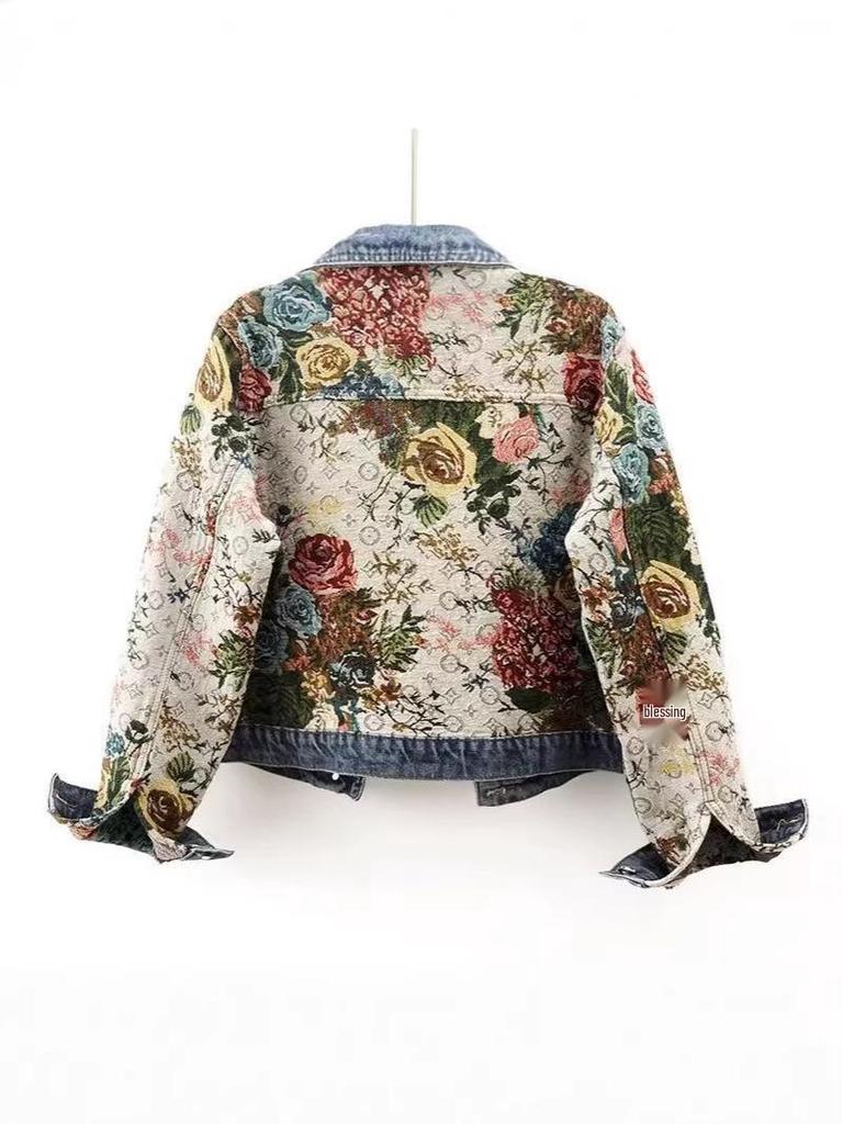 Giacca di jeans patchwork stampata versatile da donna Autunno 2025 - Modello Petite Corto, Manica Lunga