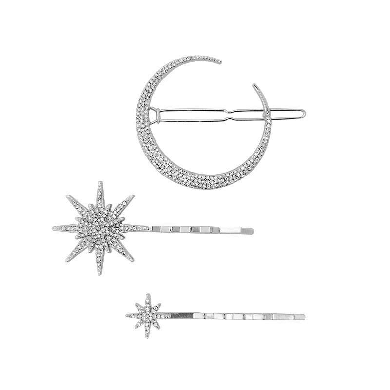 3Pcs Women Crystal Side Hair Clip Pins Metal Hair Barrettes Girl Hair Accessories Stars Moon Rhinestone Clips Set Star Hairpins