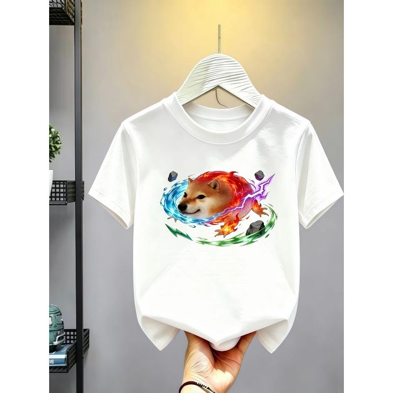 Kids Crewneck Short Sleeve T-Shirt, Playful Cartoon Shiba Inu with Colorful Blue Purple Orange Red Halo Effect Print 110 белый