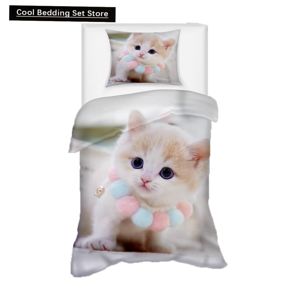 Super Cute Kitten Kids Bedding Set Kawaii Girl Quilt Cove King Queen Size Cat Animal 2/3pcs Polyester Duvet Cover (No Sheet)
