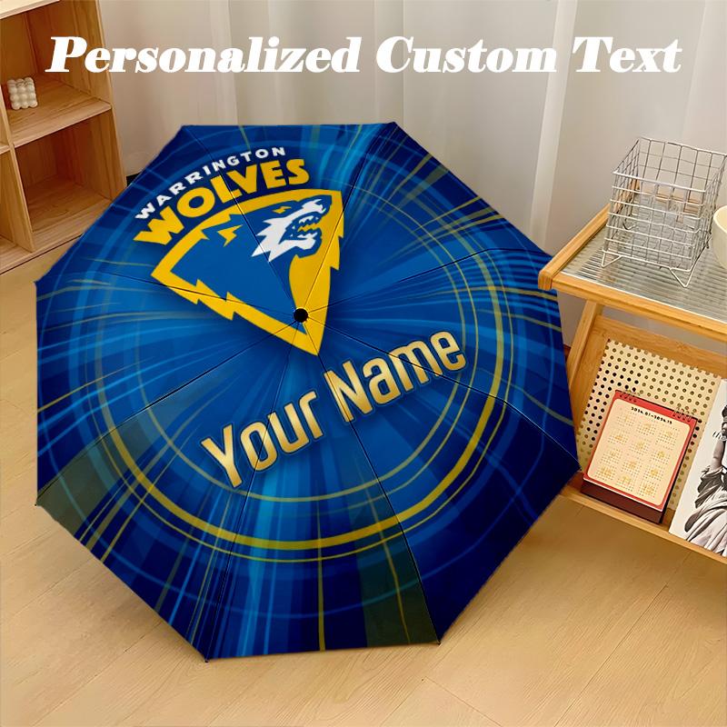 Warrington Wolves Automatic 8‑ribs Umbrella, Custom Name Text Personalized Folding Umbrella Rain Sun Gift