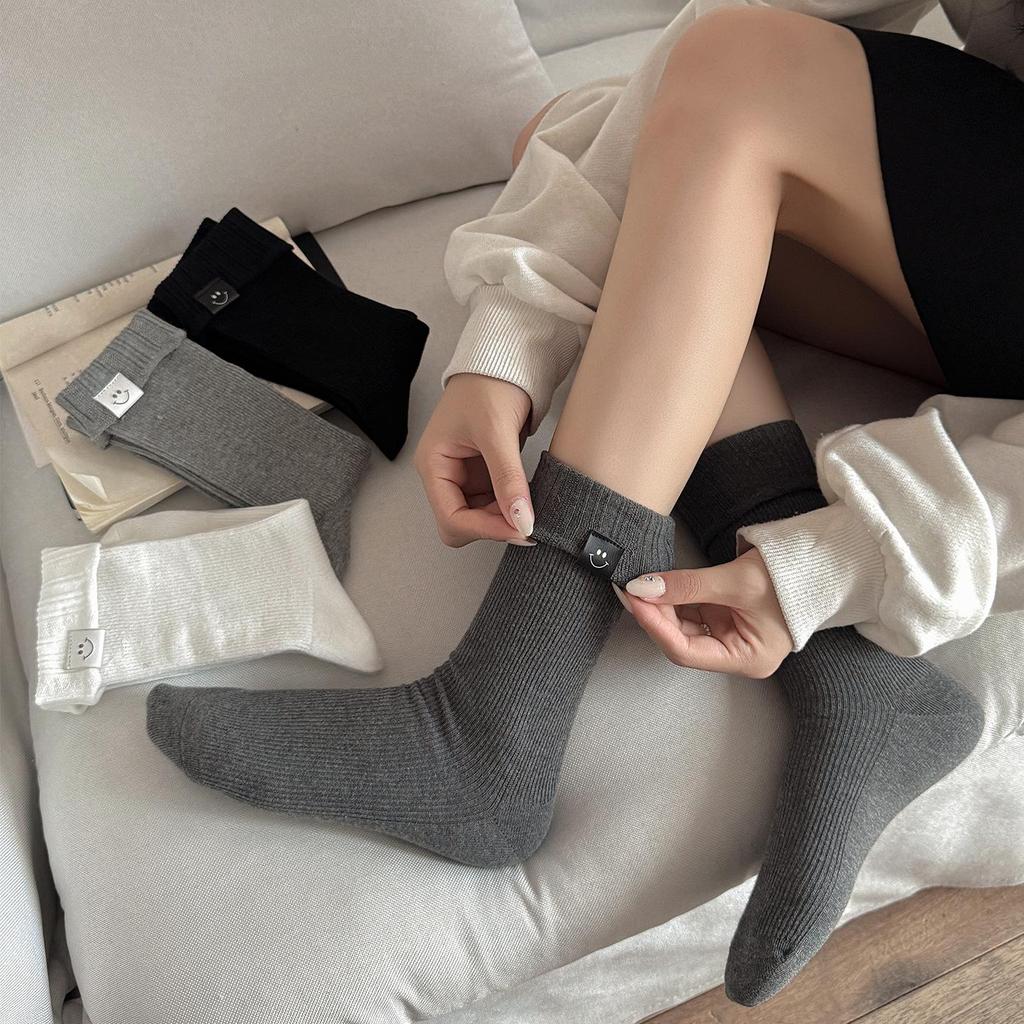 Women's Mid-Calf Fold-Over Smile Socks - Korean Style, European Trendy Autumn Winter Simple Design