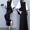 Women's Spring and Summer Big Size Loose Two-piece Splicing Top + Wide Leg Pants Casual Suit
