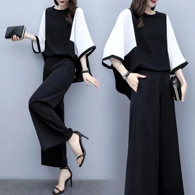 Women's Spring and Summer Causal Plus Size Two-piece Splicing Top + Wide Leg Pants Thin Suit