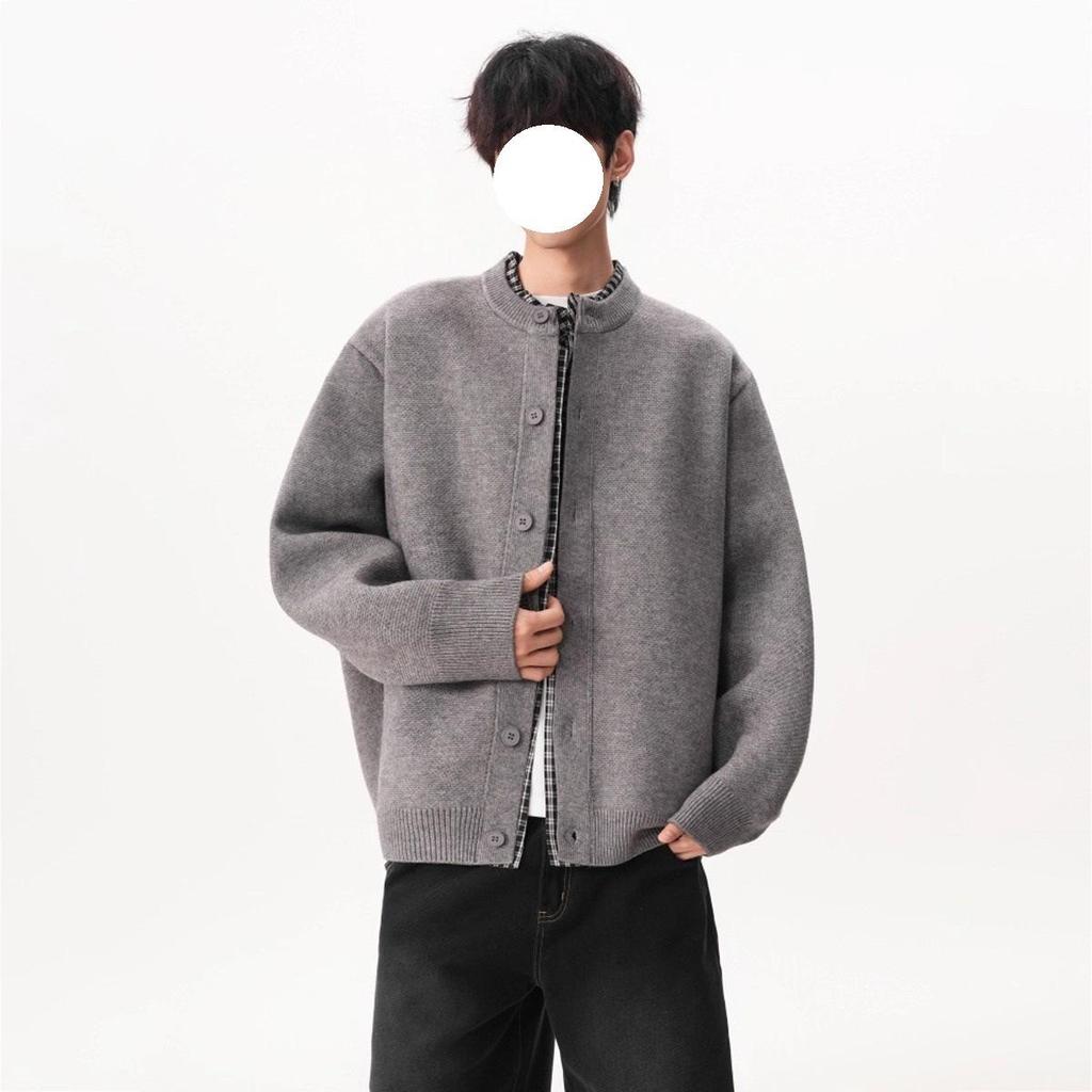 Men's Retro Patchwork Knit Cardigan - Autumn/Winter Trendy Loose Fit, Casual Button-Up Two-Piece Sweater.