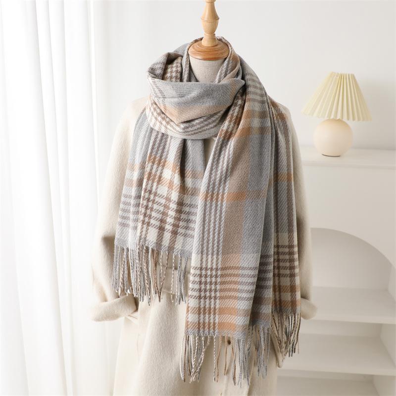 

Cross-Border Imitation Cashmere Literary Plaid Warm Shawl Scarf Autumn And Winter Fashion Atmosphere Versatile Fringed Scarf 200x62cm (with tassel)