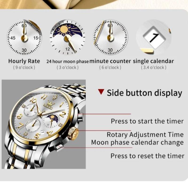 OLEVS Mens Watch Original Quartz Watch Waterproof Luminous Watch For Men Moon Phase Multifunctional Chronograph Mens Gifts