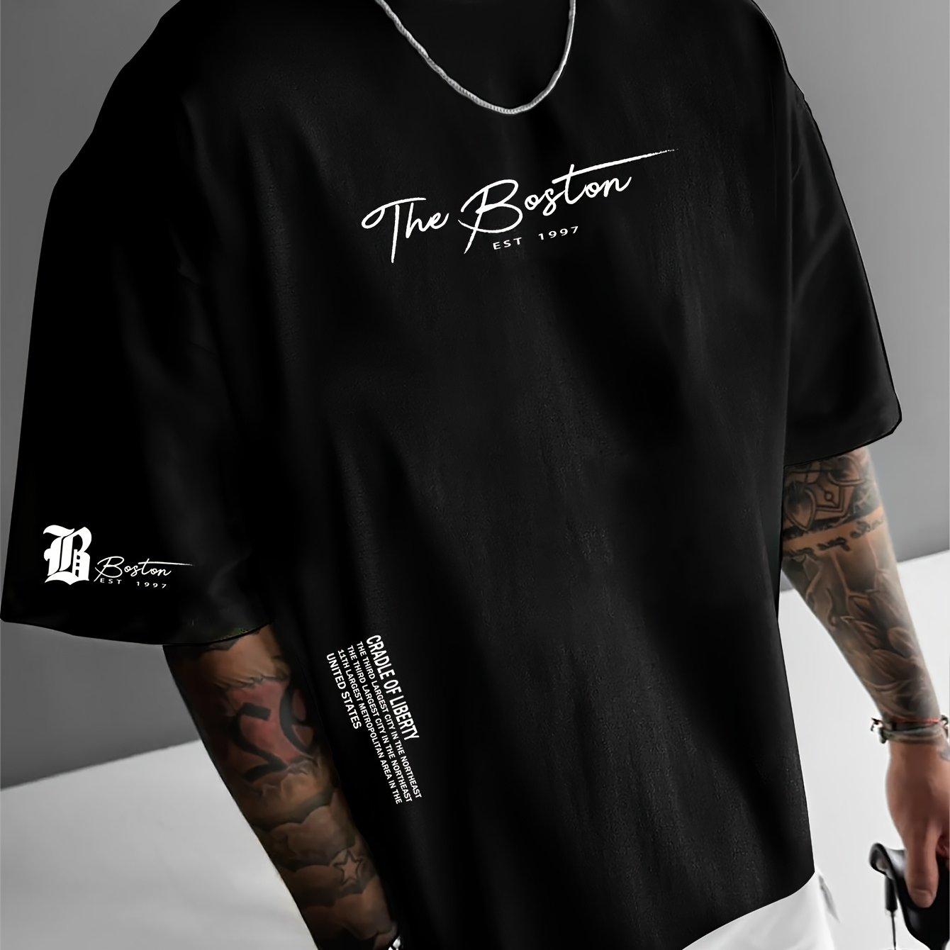 

Men s summer 100 cotton fashionable casual sports loose Boston city slogan printed round neck short sleeved T-shirt top 2XL
