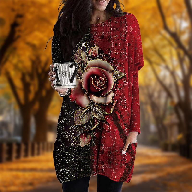 

Новинка осени с принтом металлической розы больших размеров женское платье с круглым вырезом и длинными рукавами повседневные платья с карманами 4XL красный