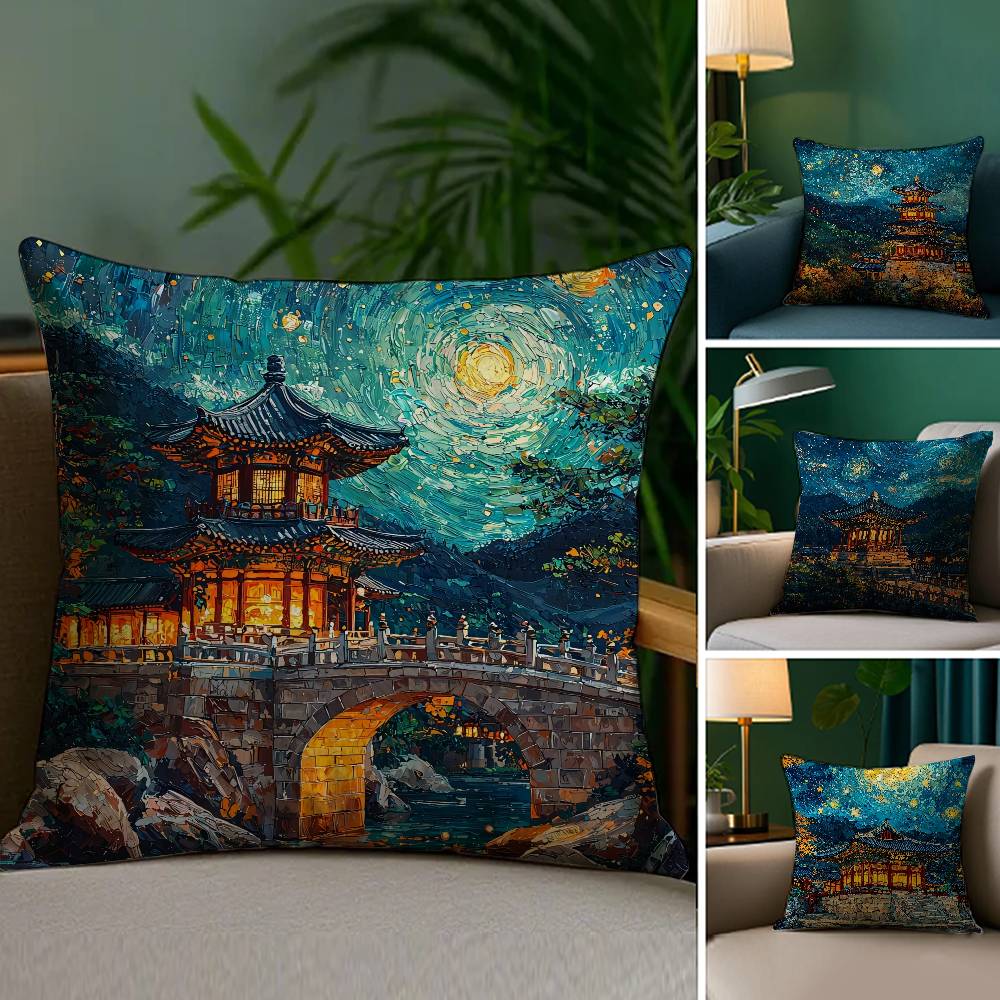 Korea Foguo Temple Pillow Case Plush Fabric Soft Double Sided Print Home Sofa High Quality Cushion Cover Throw