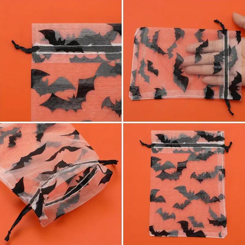 WTEMPO Halloween Organza Gauze Drawstring Bags Black Bat Pattern Design Mesh Gift Bags Holiday Festive Party Supplies