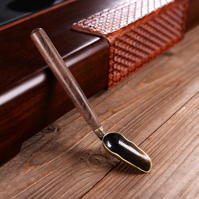 Ebony Wood Tea Ceremony Set: 5-Piece Brewing Kit with Tea Needle, Clip, Knife, Spoon, Cup Pin, and Brush.