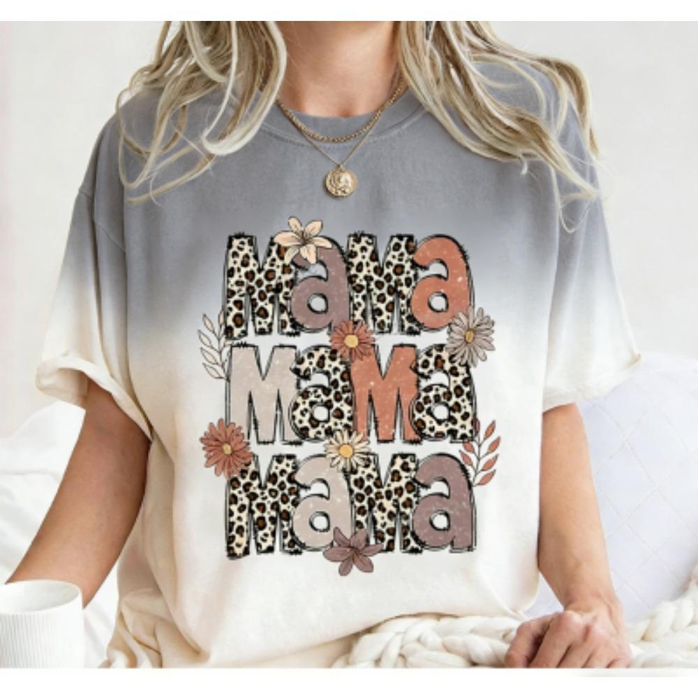 Fashion Funny Leopard Letter Mama Colorful Print Women's Short Sleeves T-Shirt Loose Casual Summer Outdoor Street Women's Tees Tops