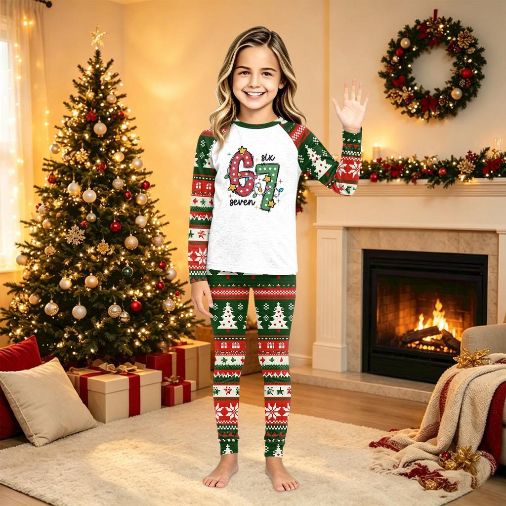 Christmas Family Matching Long Sleeve Pajama Set with Neck Top and Pants for Parents and Kids
