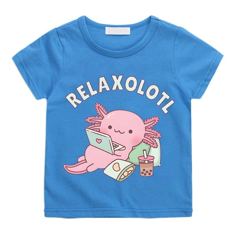 Cute Relax A Lot Axolotl Kids T-shirt Cartoon Funny Pun Graphic Clothes for Boys/Girls Cotton Short Sleeve Kids Summer Tops Tees