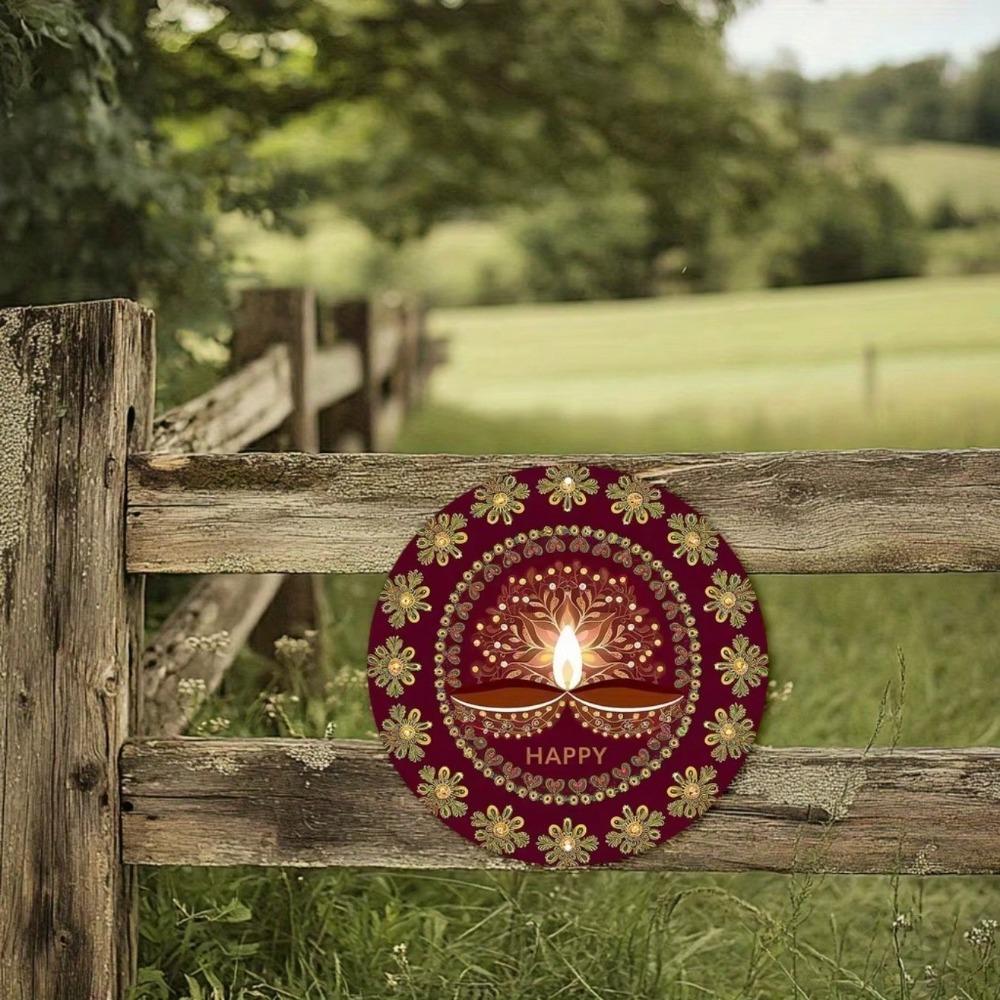 Metal Diwali Wall Art 2D Oil Lamp Flower Sign Pre-Drilled Hanging Plaque For Home Shop Classroom 7.87x7.87in