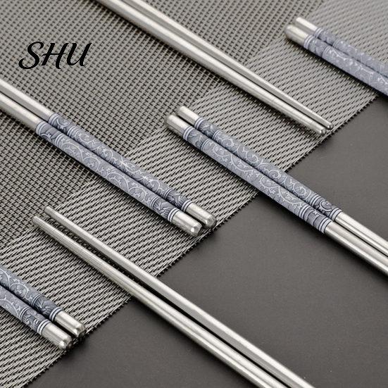 Chinese Stainless Steel Chopsticks 5 Pairs Food Stick Porcelain Pattern Anti-Slip Stylish Non-slip for Home
