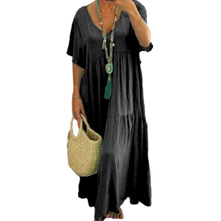 Solid Color V Neck Casual Long Dress Women Simple Style Cotton Baggy 1Pc