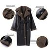 Women's Warm Thick Lapel Leather Jacket Winter Lamb Wool Long Sleeve Pocket Overcoat Single-breasted Street Trench Coats with Belt
