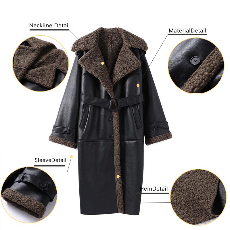 Women's Warm Thick Lapel Leather Jacket Winter Lamb Wool Long Sleeve Pocket Overcoat Single-breasted Street Trench Coats with Belt