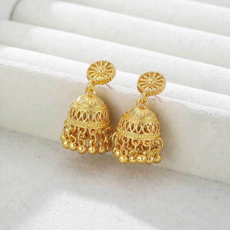 Bohemian Fashion Gold Color Hollow Pattern Round Bead Pendant Earrings, Women's Retro Trendy Holiday Accessories Zircon